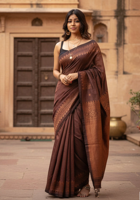 Women's Coffee Silk Printed Saree With Unstitched Blouse -5.5Mtr Kashvii