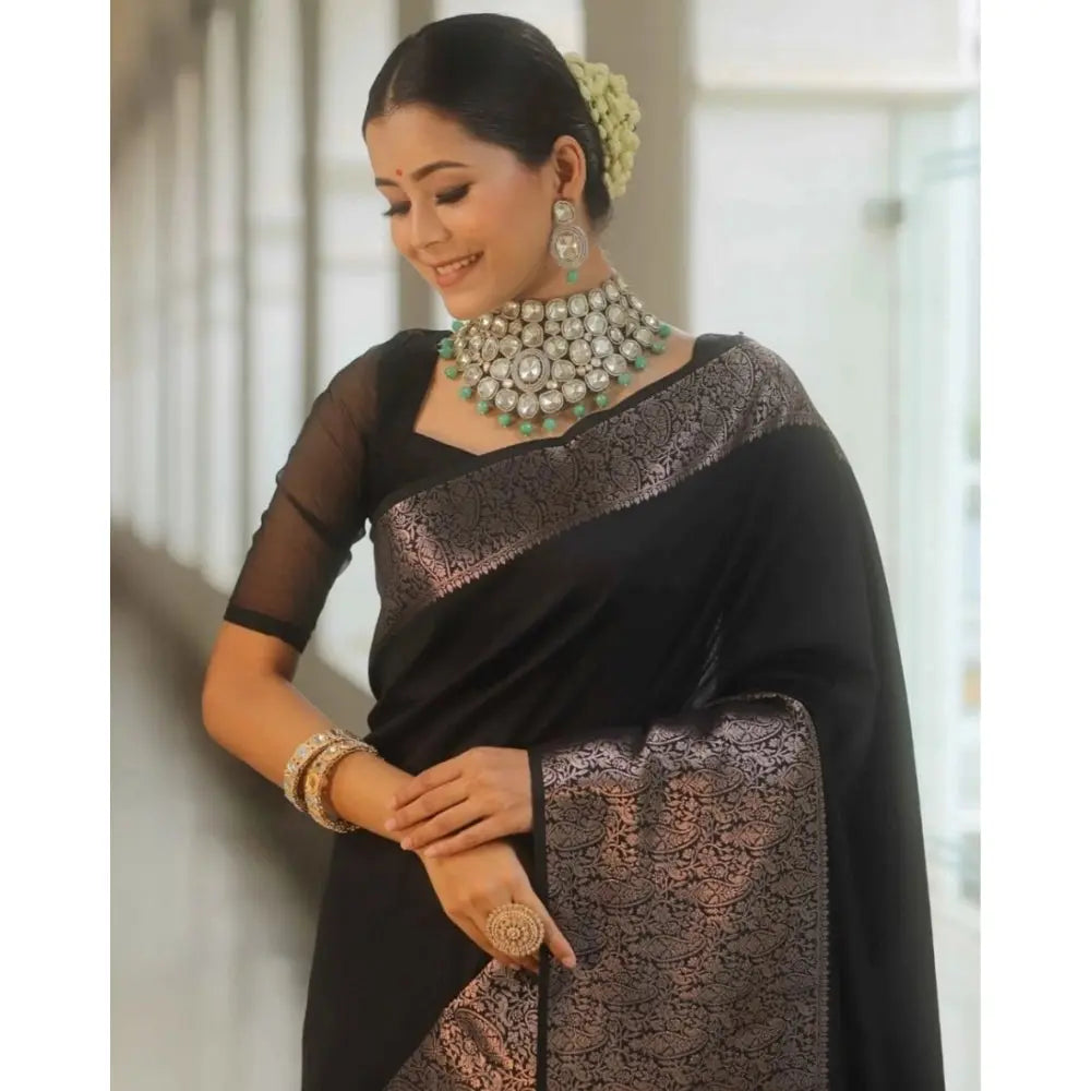 Women's Silk Printed Saree With Unstitched Blouse 5.5Mtr (Black) Kashvii