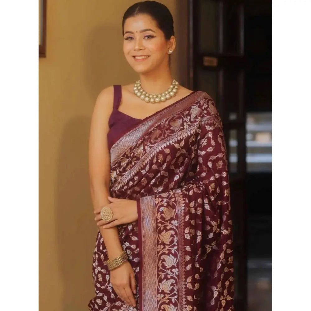 Women's Silk Printed Saree With Unstitched Blouse 5.5Mtr (Maroon) Kashvii