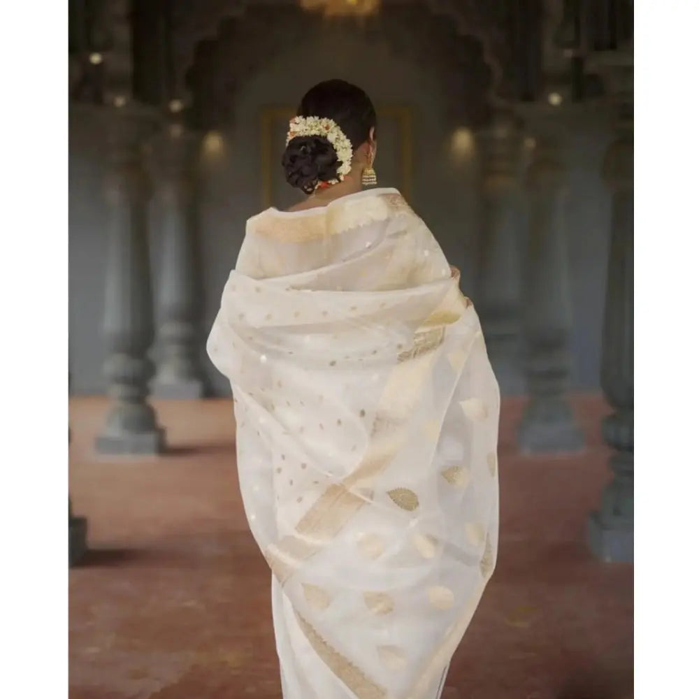 Women's Cotton  Printed Saree With Unstitched Blouse 5.5Mtr (White) Kashvii