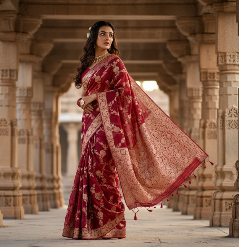 Women's Red Silk Printed Saree With Unstitched Blouse -5.5Mtr Kashvii