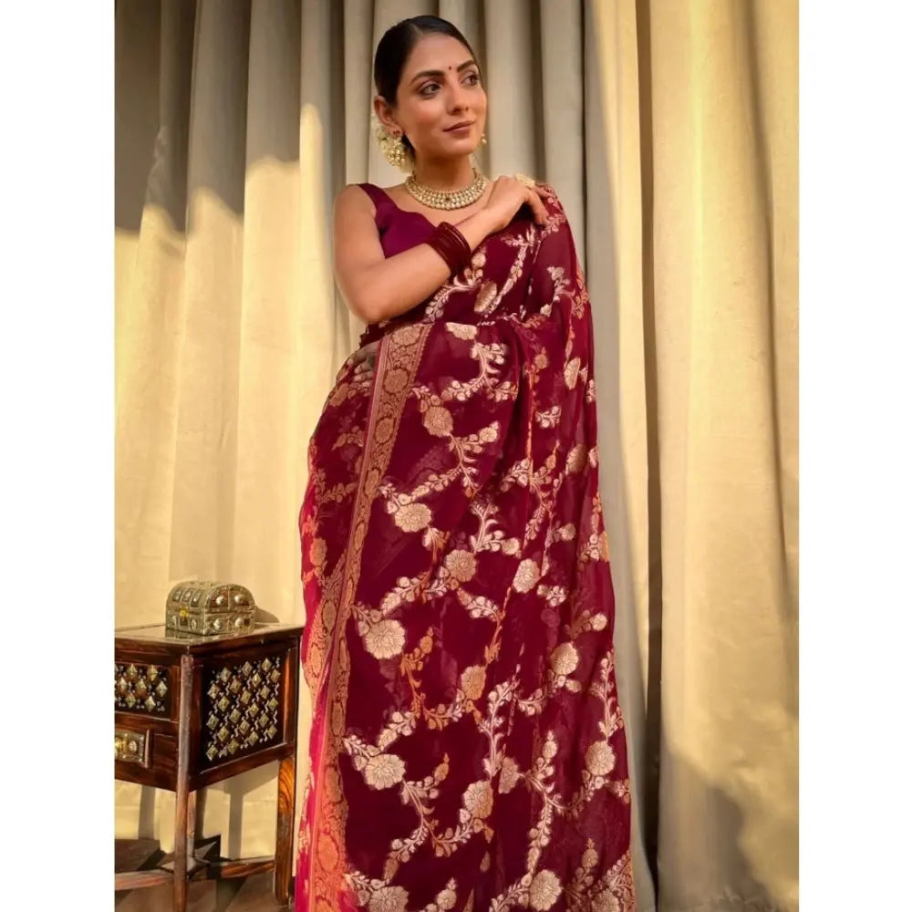 Women's Silk Printed Saree With Unstitched Blouse 5.5Mtr (Maroon) Kashvii