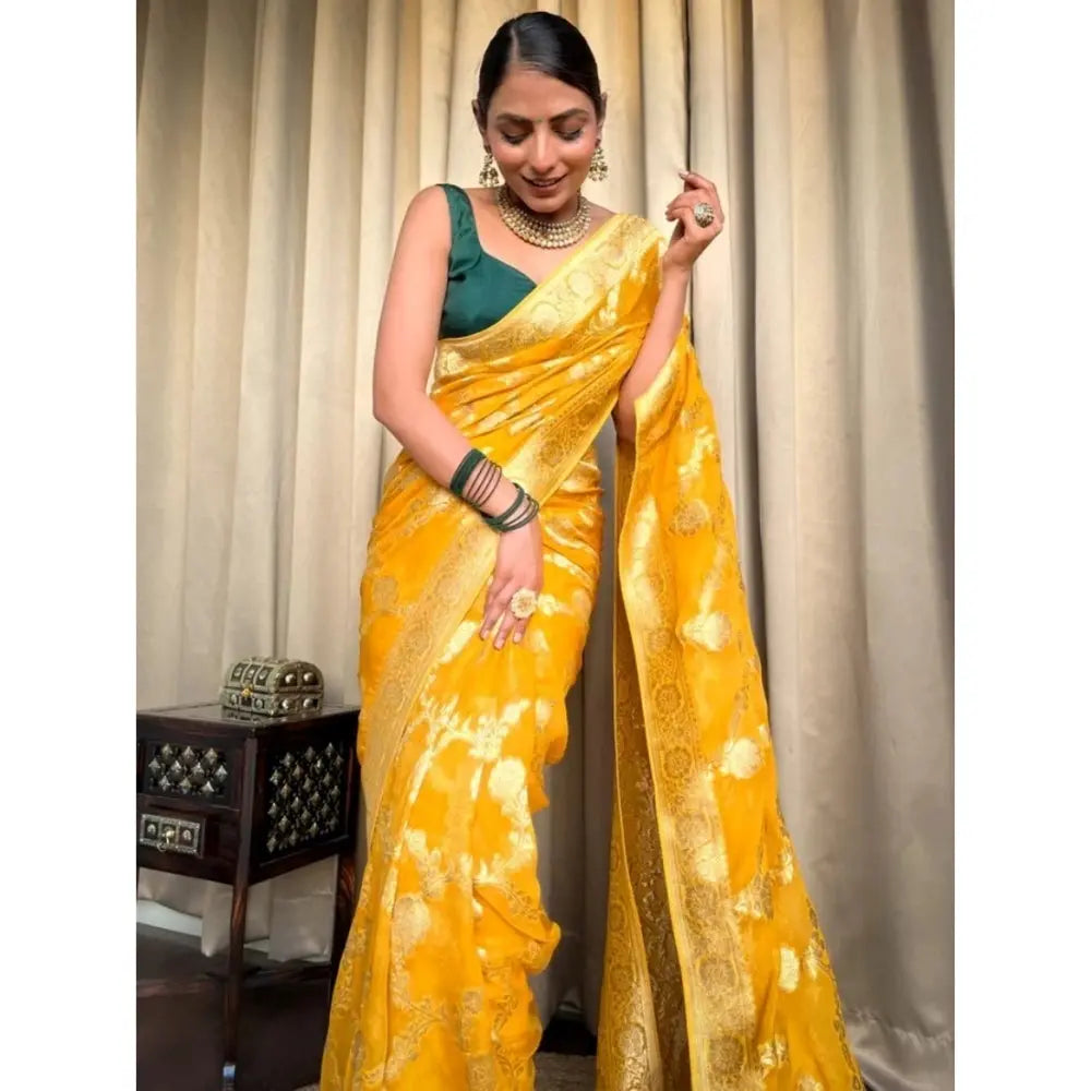 Women's Gold Yellow Silk Printed Saree With Unstitched Blouse- 5.5Mtr Kashvii