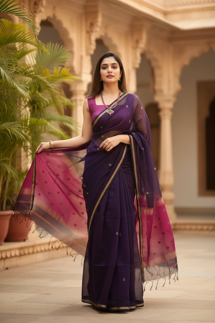 Women's Navy Blue Cotton  Printed Saree With Unstitched Blouse -5.5Mtr Kashvii