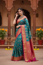 Load image into Gallery viewer, Women's Teal Blue Silk Printed Saree With Unstitched Blouse -5.5Mtr Kashvii
