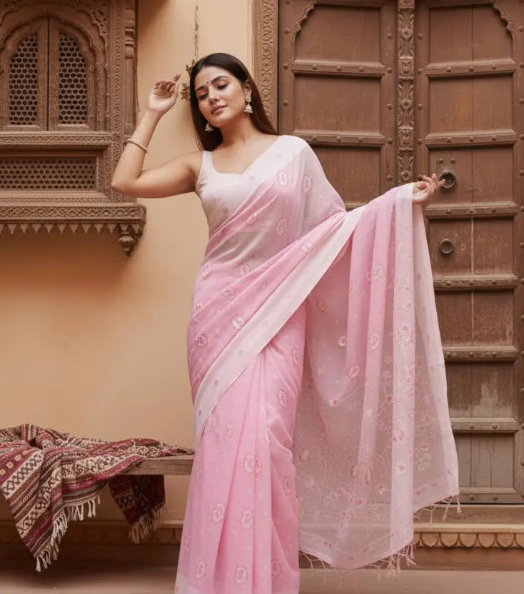 Women's Cotton  Printed Saree With Unstitched Blouse 5.5Mtr (Pink) Kashvii