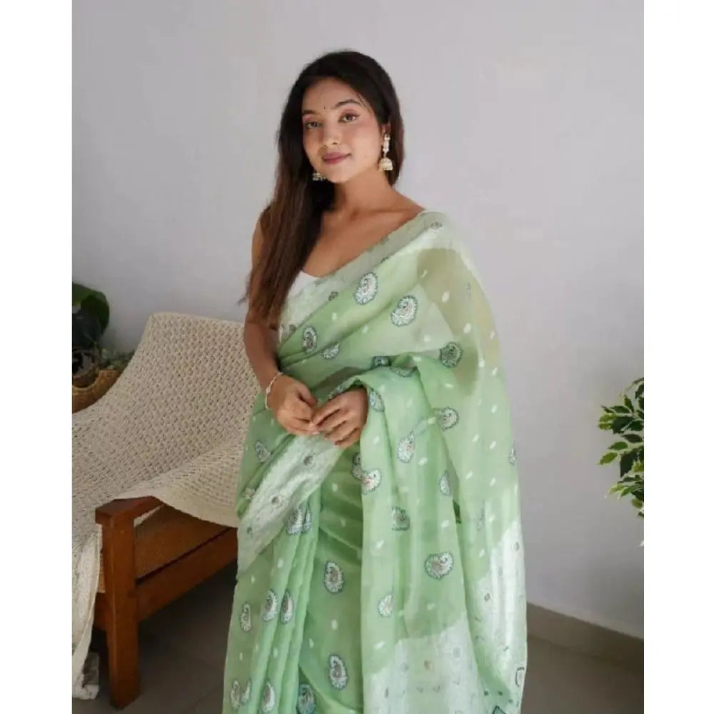 Women's Cotton  Printed Saree With Unstitched Blouse 5.5Mtr (Pista) Kashvii