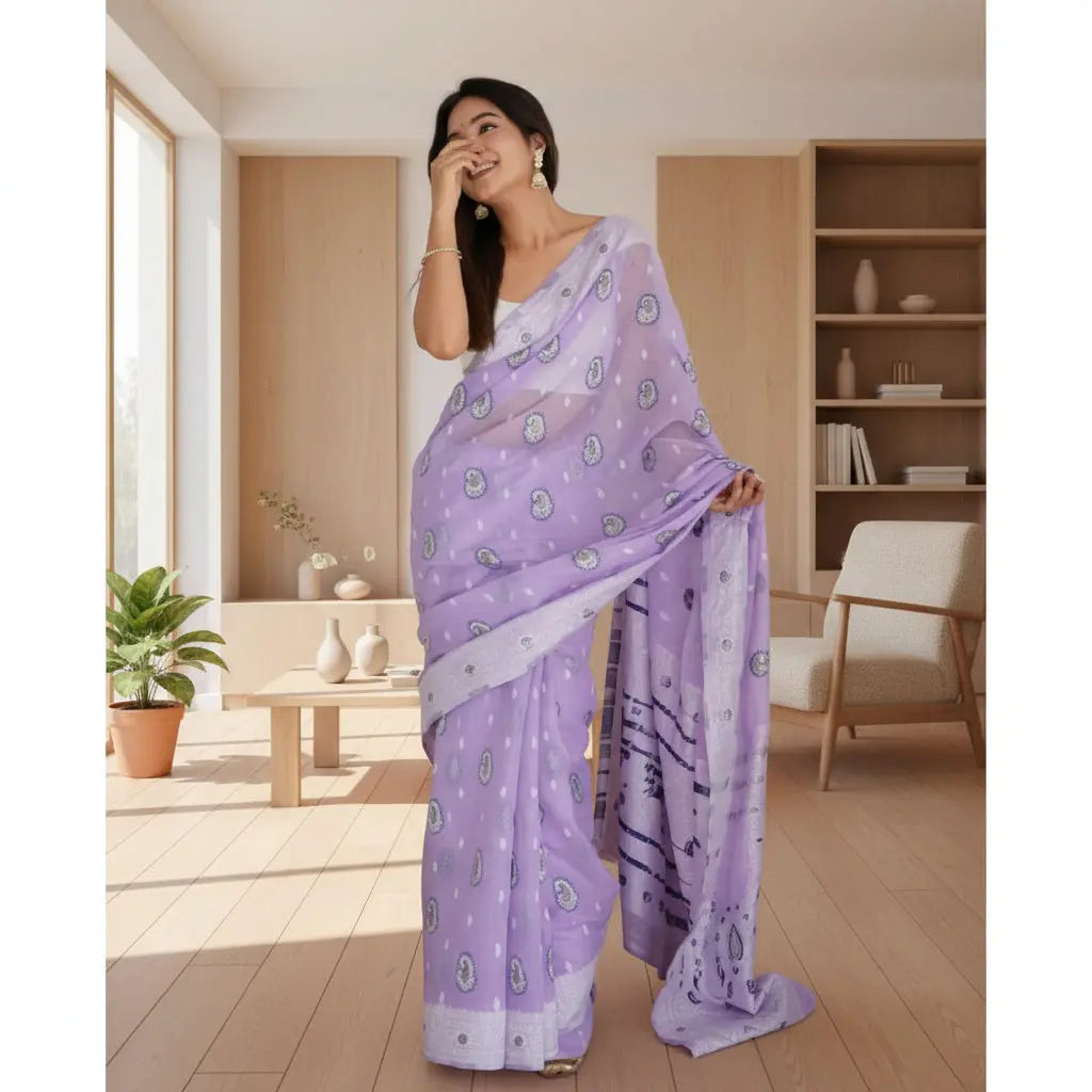 Women's Cotton  Printed Saree With Unstitched Blouse 5.5Mtr (Lavender) Kashvii