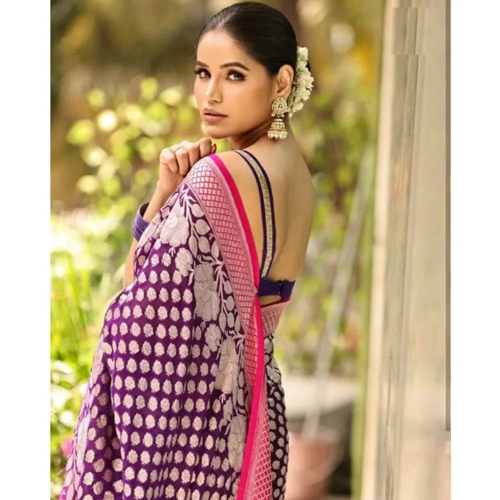 Women's Purple Silk Printed Saree With Unstitched Blouse -5.5Mtr Kashvii