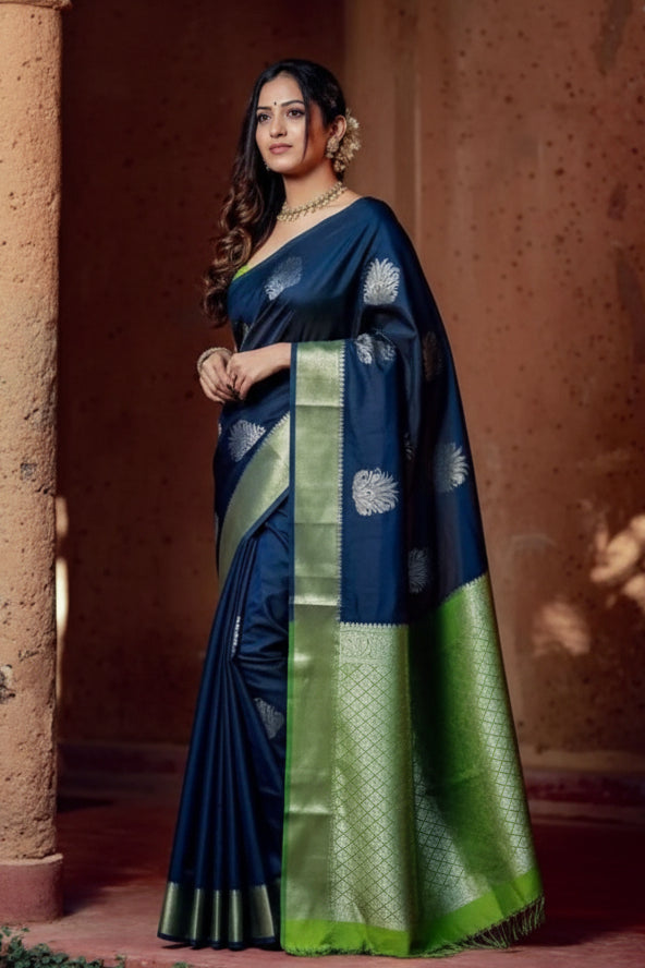 Women's Silk Printed Saree With Unstitched Blouse 5.5Mtr (Navy Blue) Kashvii