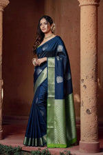 Load image into Gallery viewer, Women's Silk Printed Saree With Unstitched Blouse 5.5Mtr (Navy Blue) Kashvii
