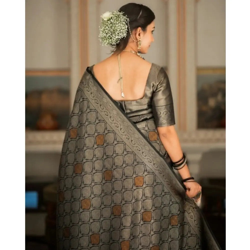 Women's Black Silk Printed Saree With Unstitched Blouse- 5.5Mtr Kashvii