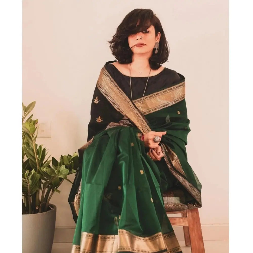 Women's Dark green Silk Printed Saree With Unstitched Blouse- 5.5Mtr Kashvii