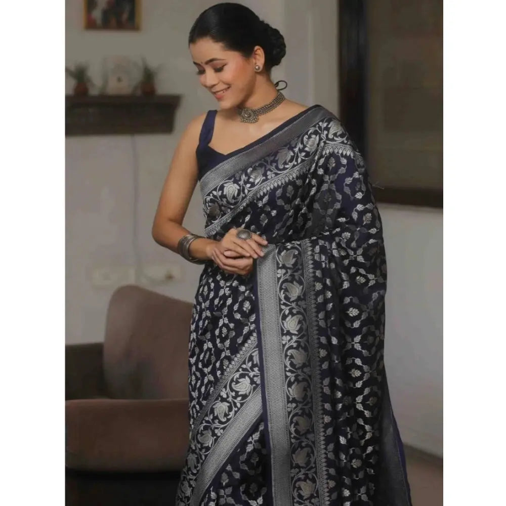 Women's Silk Printed Saree With Unstitched Blouse 5.5Mtr (Navy Blue) Kashvii