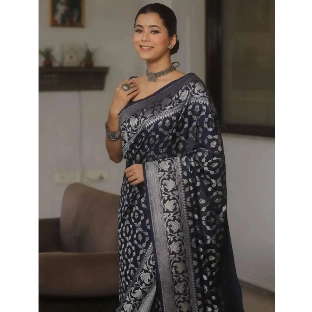Women's Silk Printed Saree With Unstitched Blouse 5.5Mtr (Navy Blue) Kashvii