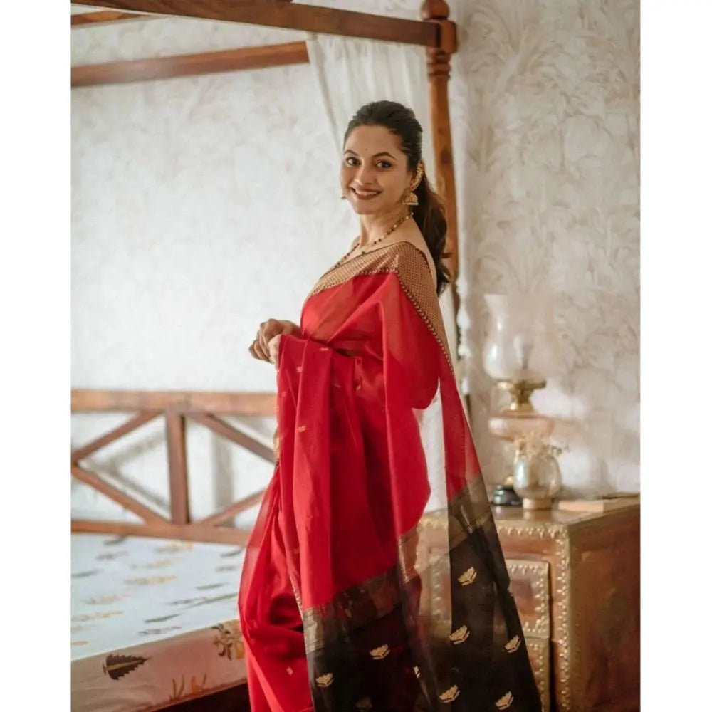 Women's Cotton  Printed Saree With Unstitched Blouse 5.5Mtr (Red) Kashvii