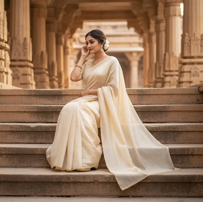Women's Silk Printed Saree With Unstitched Blouse 5.5Mtr (Off White) Kashvii