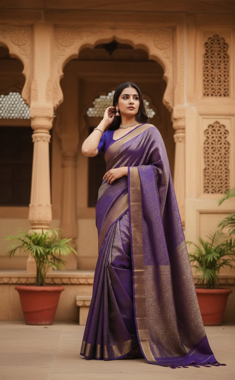 Women's purple silk printed saree with unstitched blouse  5