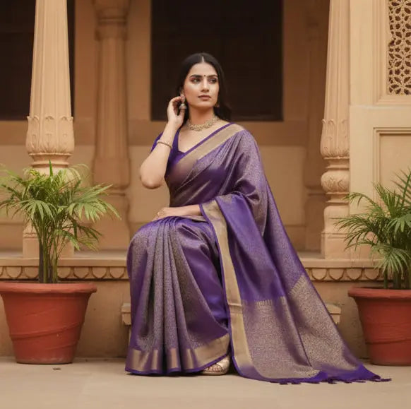 Women's Purple Silk Printed Saree With Unstitched Blouse -5.5Mtr Kashvii