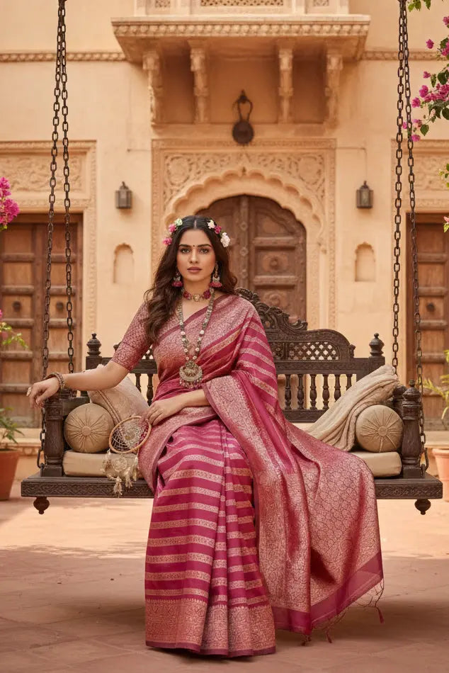 Women's Silk Printed Saree With Unstitched Blouse 5.5Mtr (Pink) Kashvii