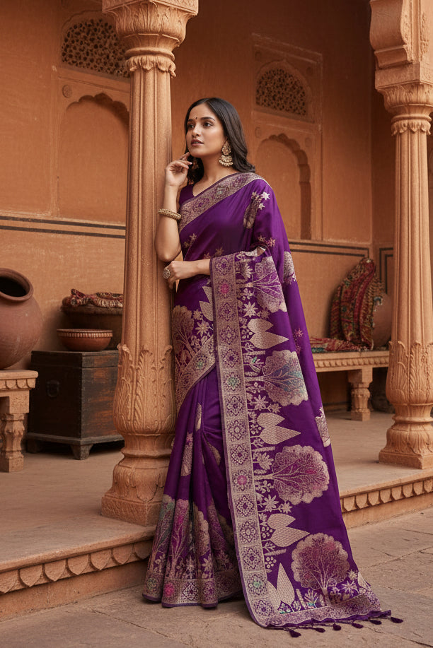 Women's Purple Silk Printed Saree With Unstitched Blouse- 5.5Mtr Kashvii