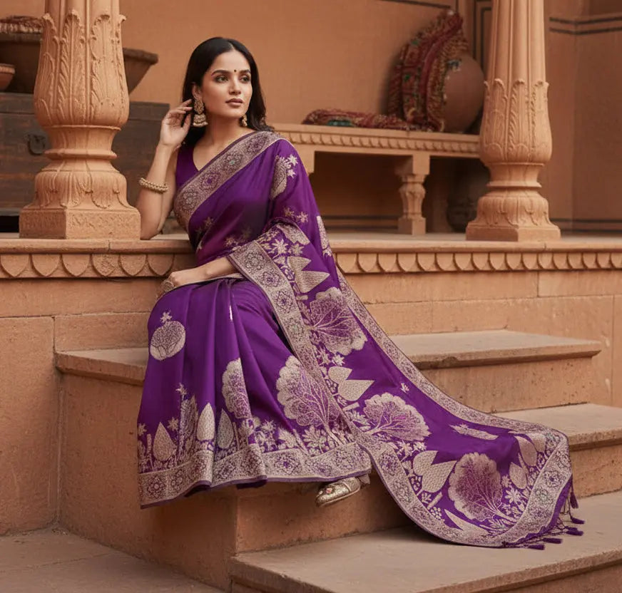 Women's Purple Silk Printed Saree With Unstitched Blouse- 5.5Mtr Kashvii