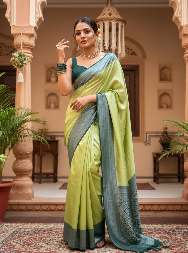 Women's sea green silk printed saree with unstitched blouse  5
