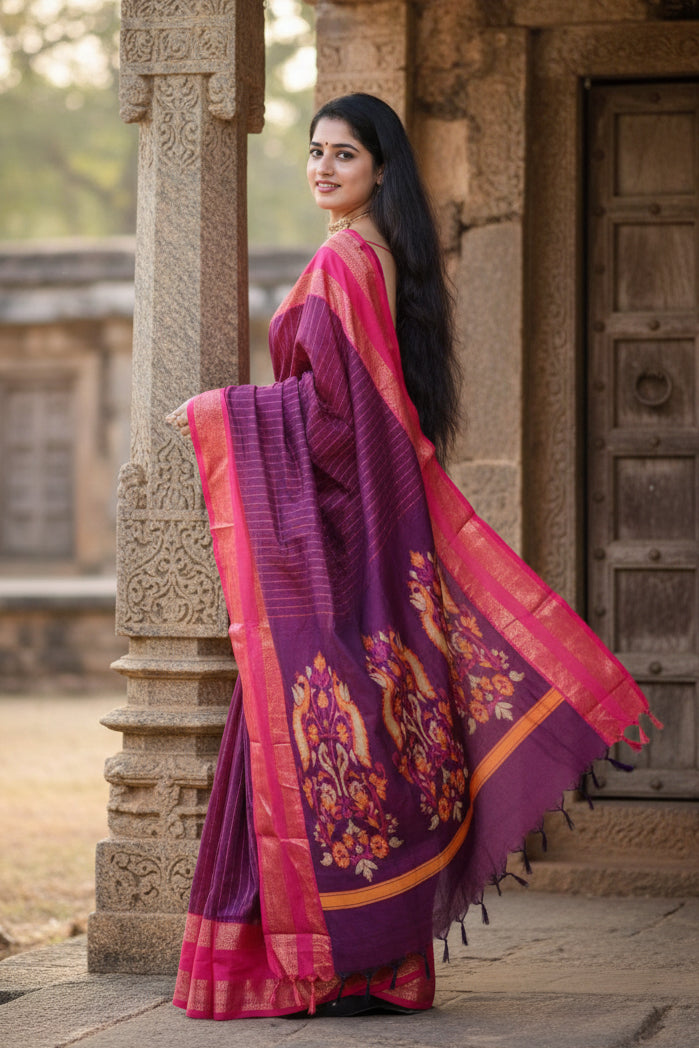 Women's Purple Silk Printed Saree With Unstitched Blouse -5.5Mtr Kashvii