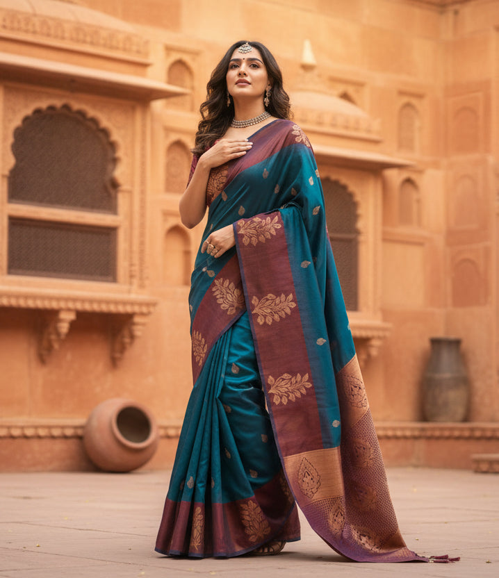 Women's blue silk printed saree with unstitched blouse  5
