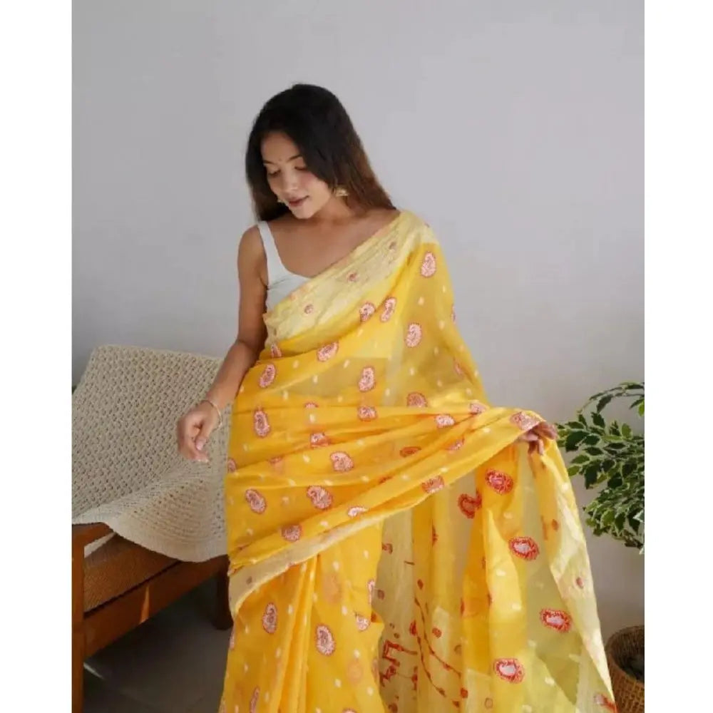 Women's Cotton  Printed Saree With Unstitched Blouse 5.5Mtr (Yellow) Kashvii