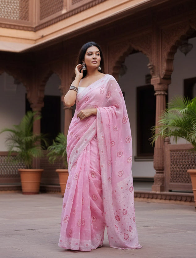 Women's Cotton  Printed Saree With Unstitched Blouse 5.5Mtr (Pink) Kashvii