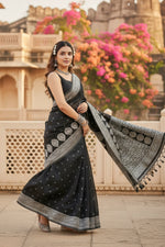 Load image into Gallery viewer, Women's Black Silk Printed Saree With Unstitched Blouse -5.5Mtr Kashvii
