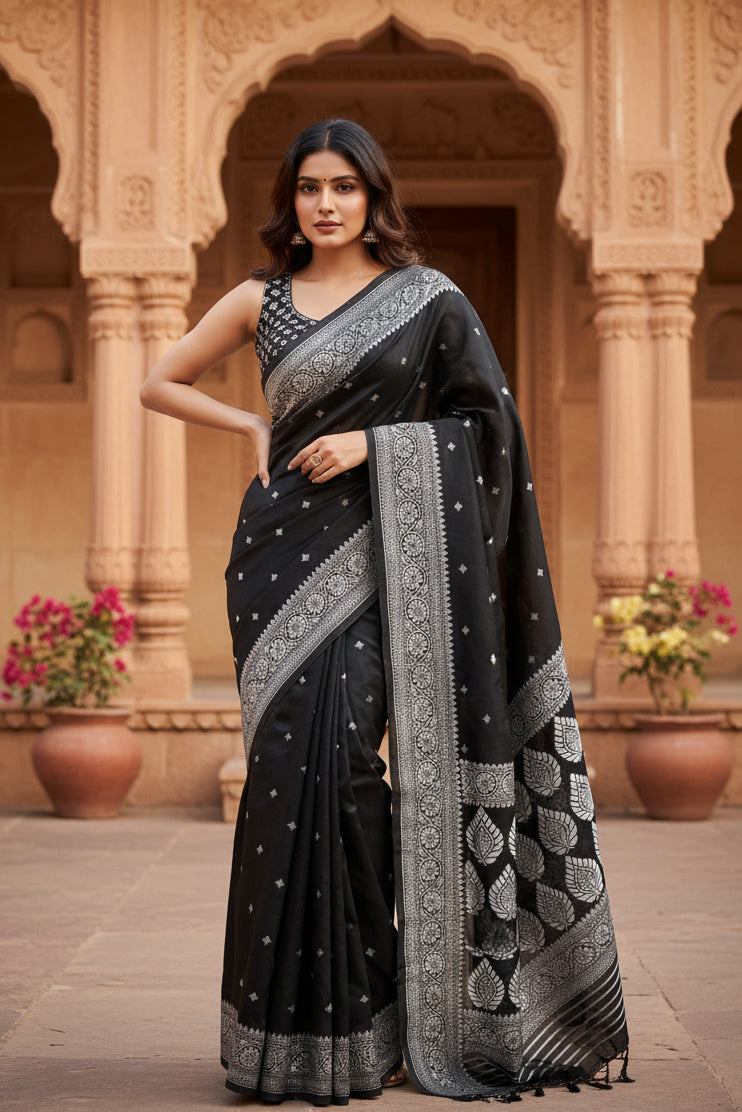 Women's Black Silk Printed Saree With Unstitched Blouse -5.5Mtr Kashvii