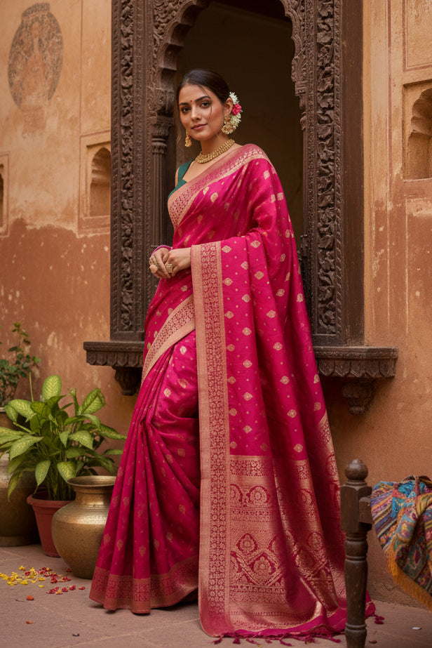 Women's Silk Printed Saree With Unstitched Blouse 5.5Mtr (Rani Pink) Kashvii