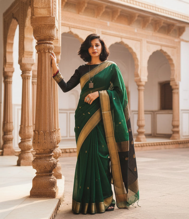 Women's Dark green Silk Printed Saree With Unstitched Blouse- 5.5Mtr Kashvii