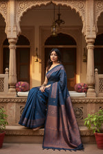 Load image into Gallery viewer, Women's Navy Blue Silk Printed Saree With Unstitched Blouse -5.5Mtr Kashvii
