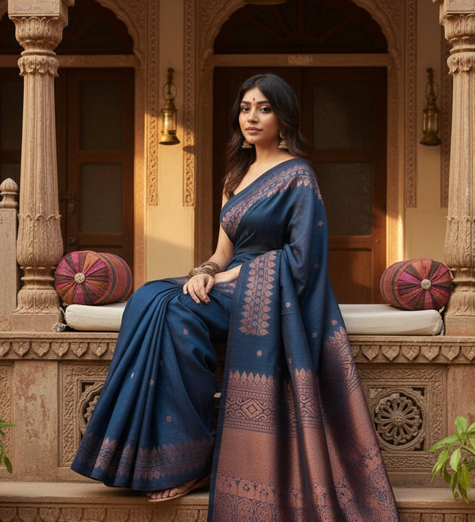 Women's Navy Blue Silk Printed Saree With Unstitched Blouse -5.5Mtr Kashvii