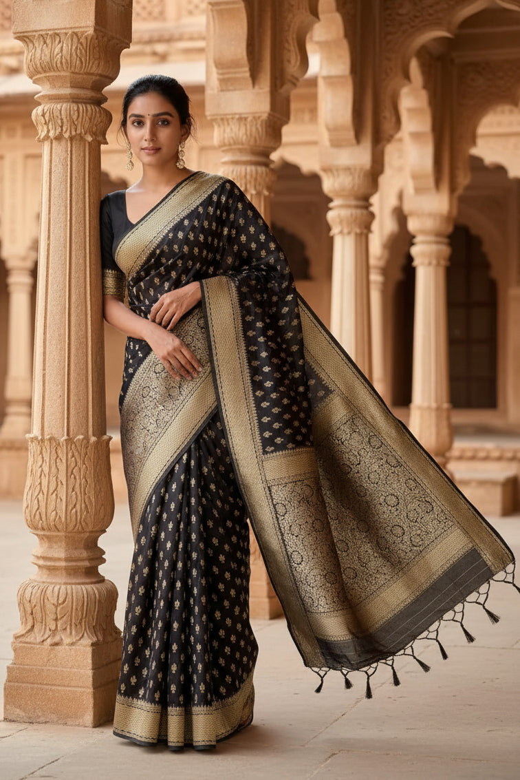 Women's Black Silk Printed Saree With Unstitched Blouse -5.5Mtr Kashvii