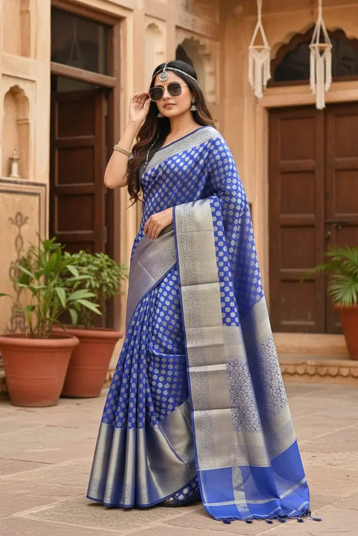 Women's Royal Blue Silk Printed Saree With Unstitched Blouse -5.5Mtr Kashvii
