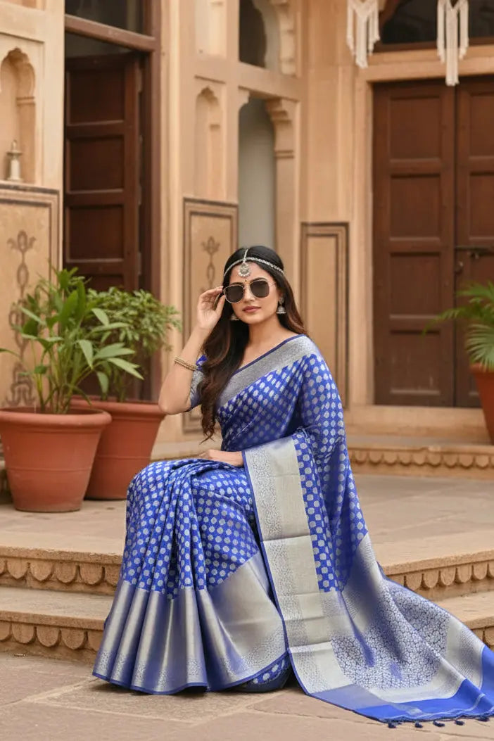 Women's royal blue silk printed saree with unstitched blouse  5