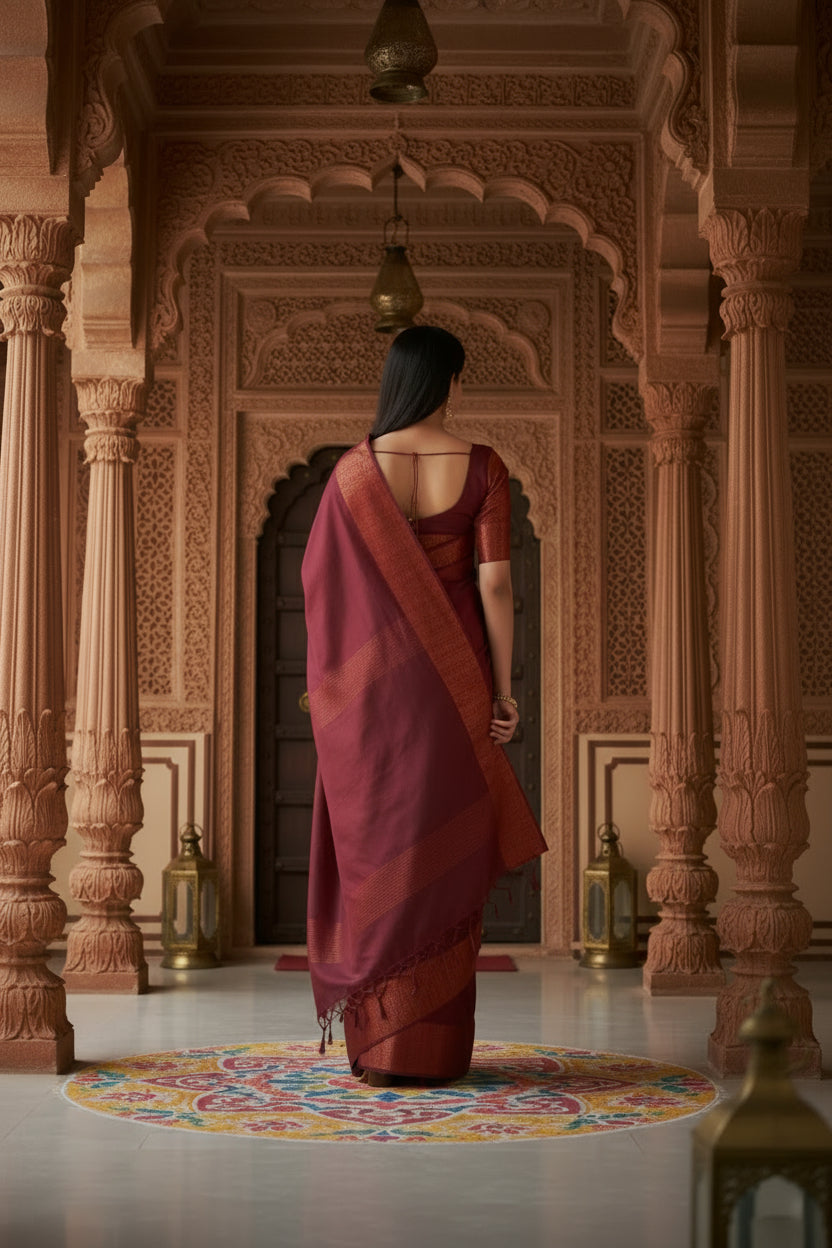 Women's Maroon Silk Printed Saree With Unstitched Blouse -5.5Mtr