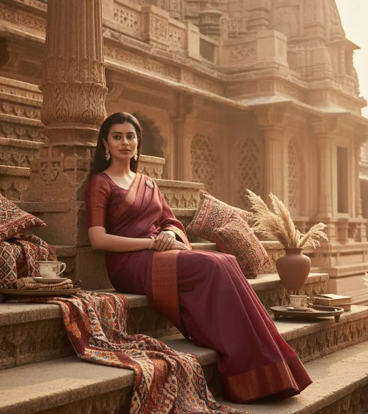 Women's Maroon Silk Printed Saree With Unstitched Blouse -5.5Mtr Kashvii