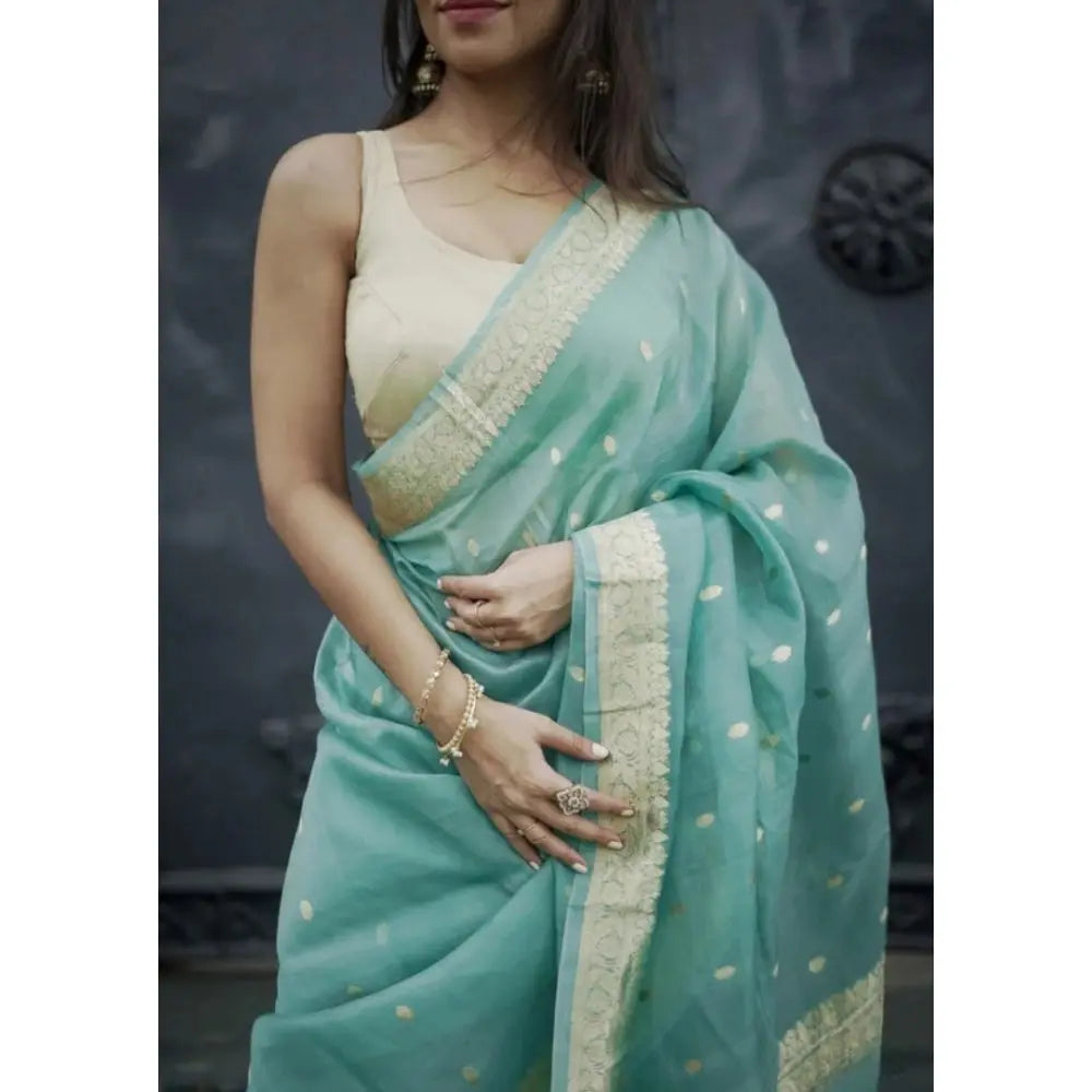 Women's Cotton  Printed Saree With Unstitched Blouse 5.5Mtr (Sky) Kashvii