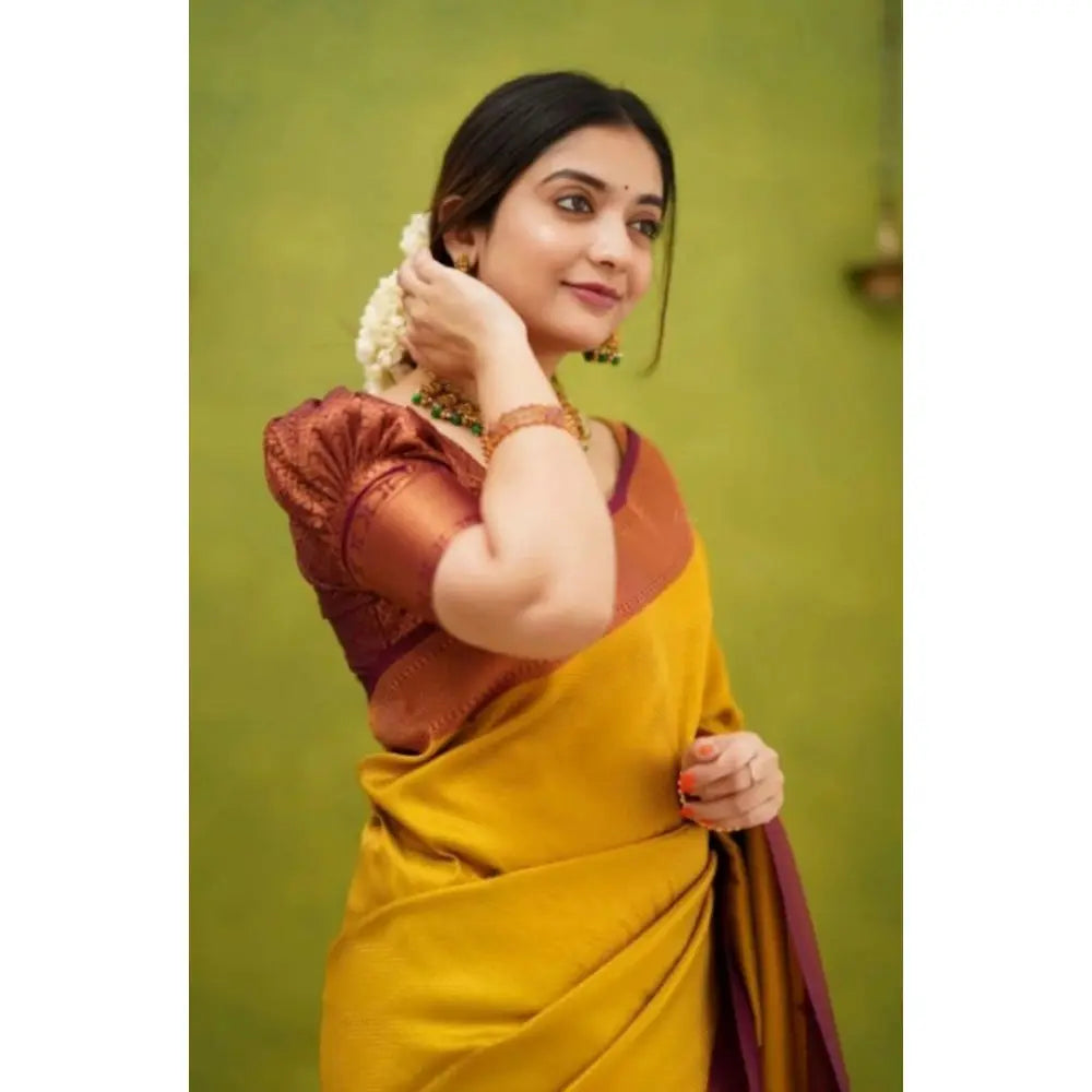 Women's Silk Printed Saree With Unstitched Blouse 5.5Mtr (Yellow) Kashvii