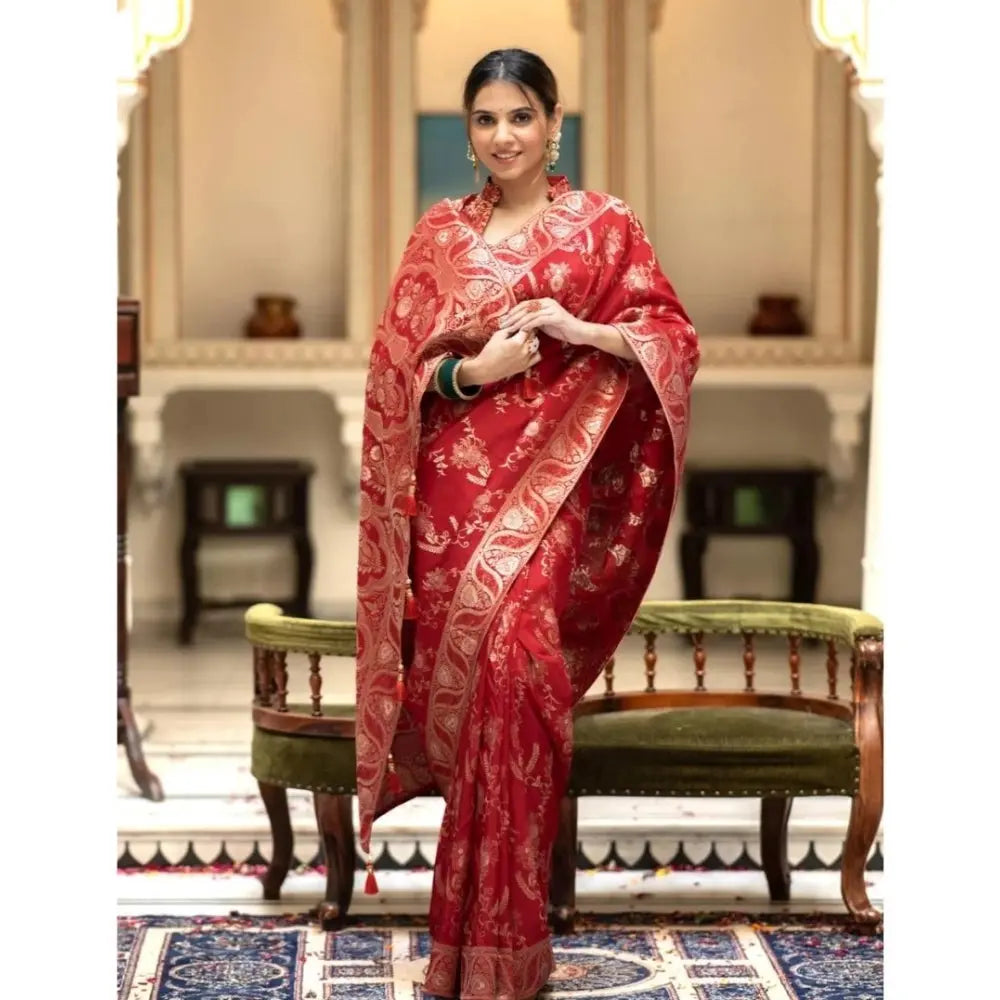 Women's Red Silk Printed Saree With Unstitched Blouse- 5.5Mtr Kashvii