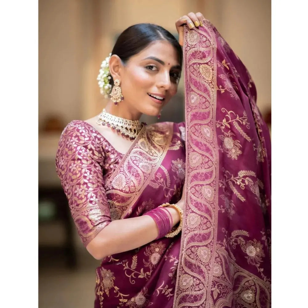 Women's Wine Silk Printed Saree With Unstitched Blouse -5.5Mtr Kashvii