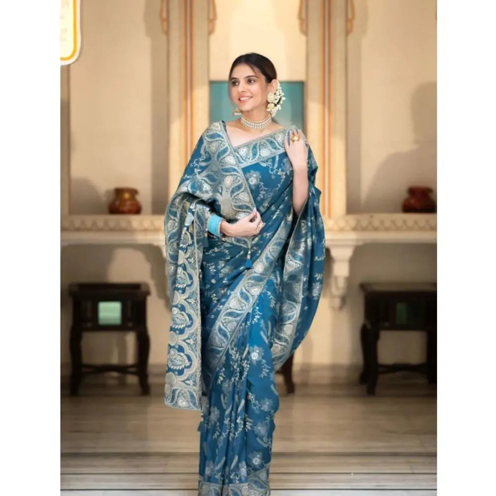 Women's Teal Blue Silk Printed Saree With Unstitched Blouse -5.5Mtr Kashvii