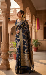 Load image into Gallery viewer, Women's Dark Blue Silk Printed Saree With Unstitched Blouse -5.5Mtr Kashvii
