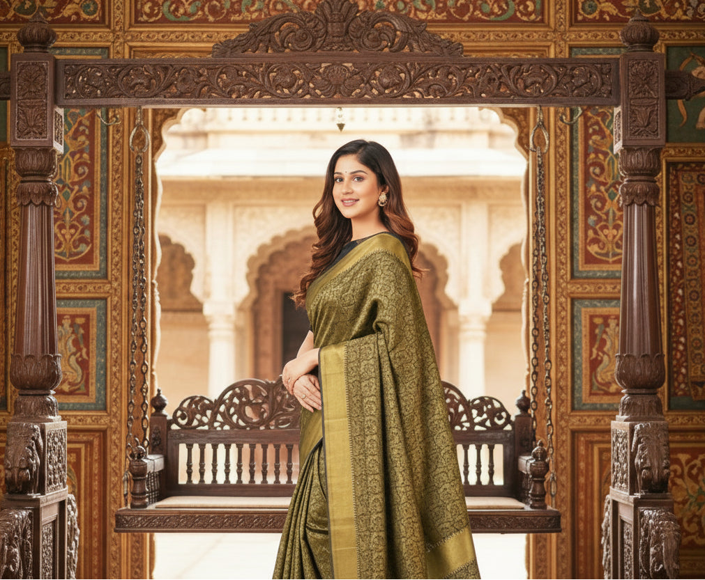 Women's Silk Printed Saree With Unstitched Blouse 5.5Mtr (Black) Kashvii