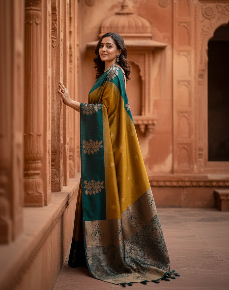 Women's Yellow Silk Printed Saree With Unstitched Blouse -5.5Mtr Kashvii